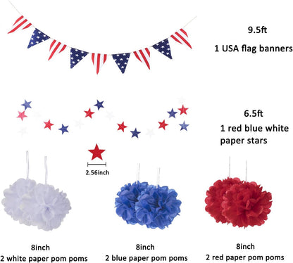 Whaline 4th of July Party Decorations Set - 14Pcs Patriotic Red, White & Blue USA Flag Banners & Pom Poms