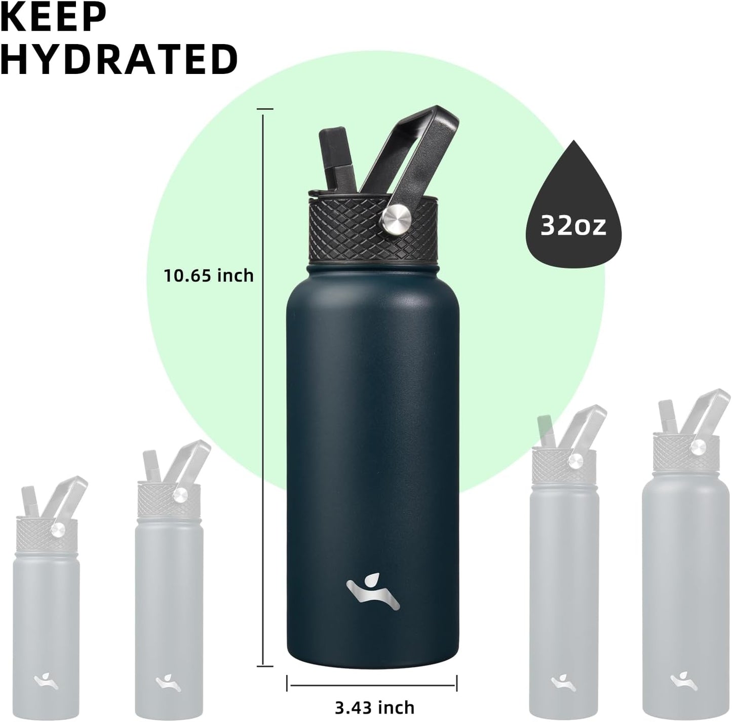 Skiennix 32 Oz Insulated Stainless Steel Water Bottle - Durable Sport Design, Navy Blue