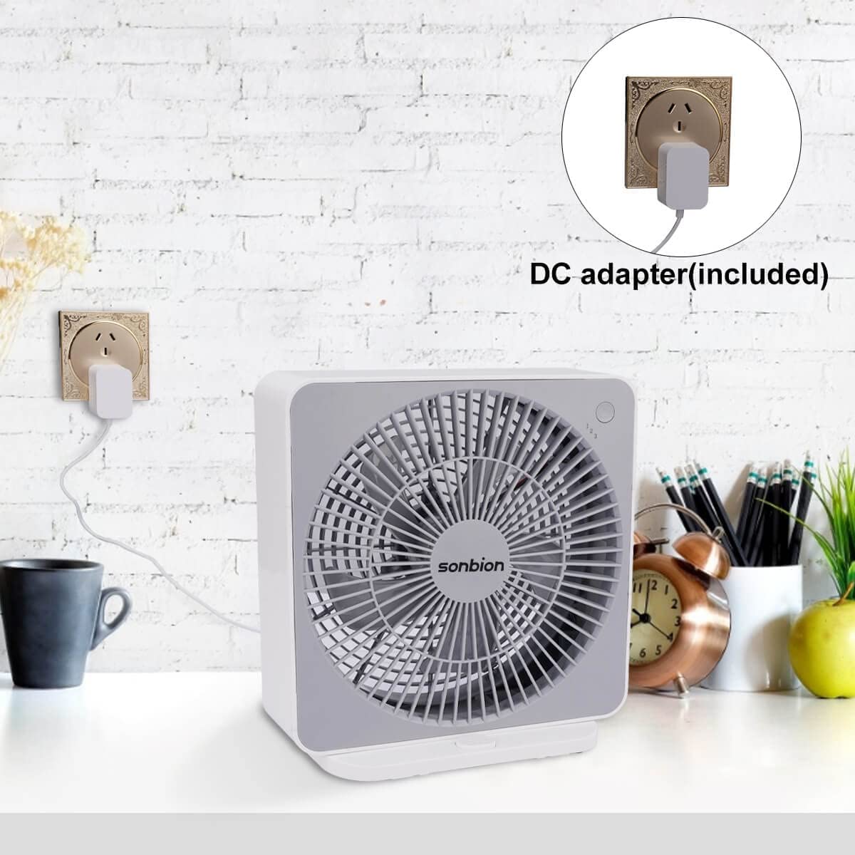 SONBION Small Box Fan, 10 inch Window Fan with 3 Speeds Strong Airflow, DC Adapter Square Table Fan for Bedroom Living Room Office Apartment, Quiet and Lightweight, 5ft Power Cord