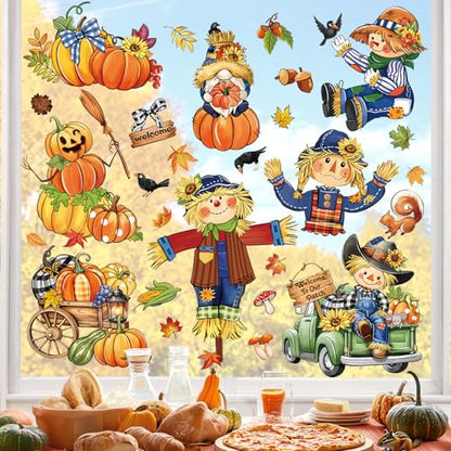 Thanksgiving Fall Pumpkin & Scarecrow Window Clings - Reusable Decor, 8 Sheets