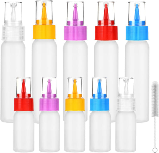 Squeeze Bottles Kit by [Brand Name] - 10 Pack of 1oz & 2oz Leakproof Decorating Bottles | Includes Cleaning Brush & 5 Colored Caps