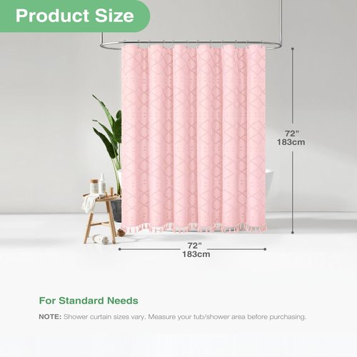 Dynamene Pink Fabric Shower Curtain, Boho Tufted Geometric Striped Tassel Shower Curtain for Bathroom, Shabby Chic Textured Modern Farmhouse Waterproof Cloth Shower Curtain Set, Wrinkle Free, 72x72