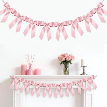 Skiennix Pink Bow Garland Banner - 8 Pre-Strung Double-Layer Satin Ribbon Bows | Reusable Valentine's Day Decor for Baby Showers & Parties