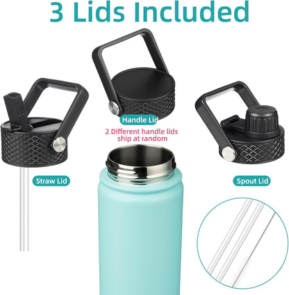 Skiennix 22oz Stainless Steel Water Bottle - Insulated with 3 Lids | Turquoise Color