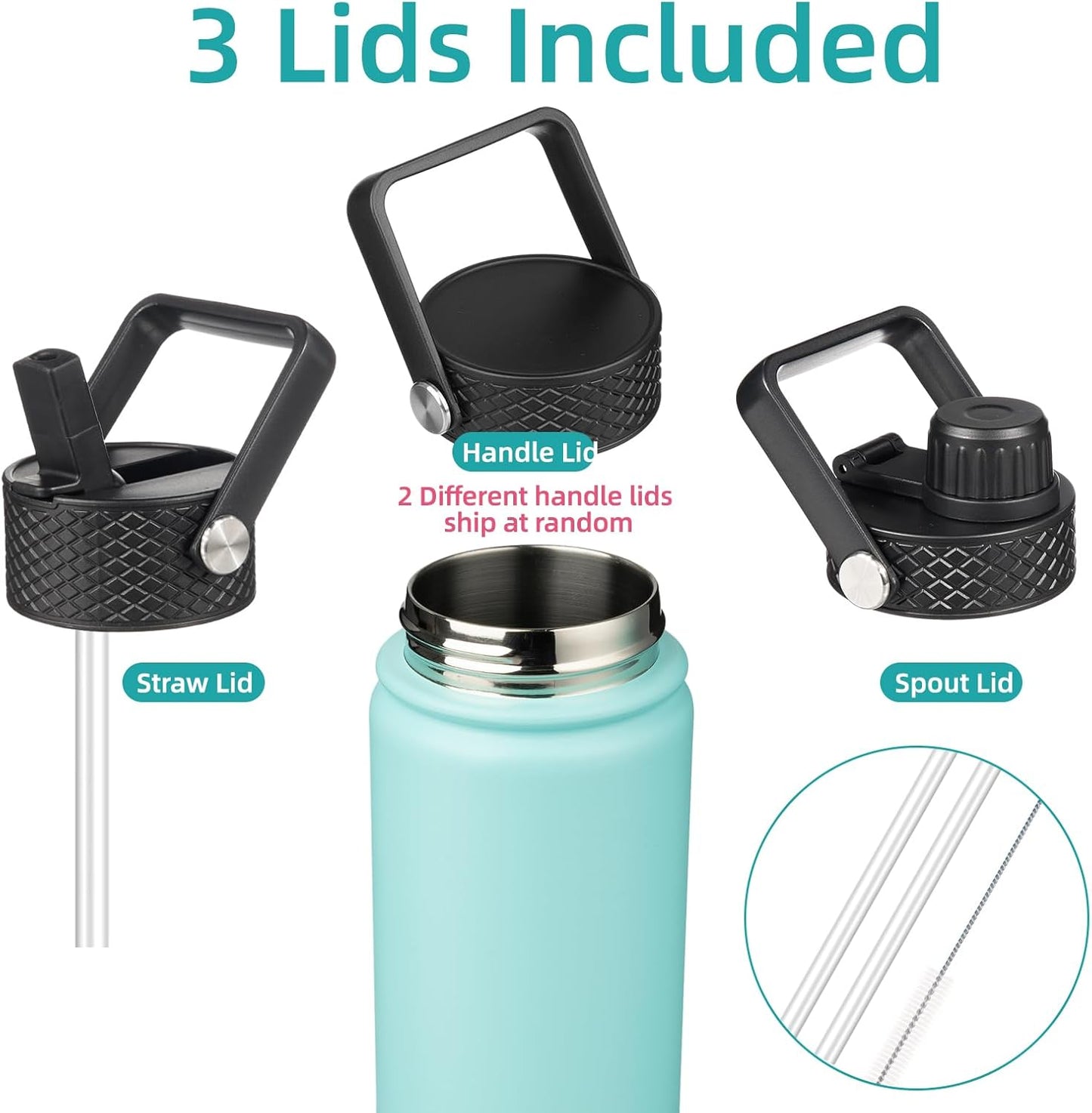 Skiennix Insulated Water Bottle - 24oz Stainless Steel Sport Bottle with 3 Lids | Turquoise