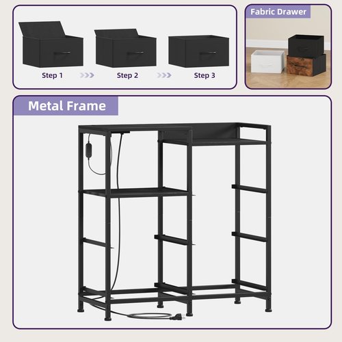 Somdot Black Nightstand with Charging Station and LED Light, Wide 5 Drawers Dresser for Bedroom with Fabric Bins and Open Shelf for Bedroom Kids Closet Dorm Guest Room, Black
