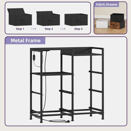 Somdot Black Nightstand with Charging Station and LED Light, Wide 5 Drawers Dresser for Bedroom with Fabric Bins and Open Shelf for Bedroom Kids Closet Dorm Guest Room, Black