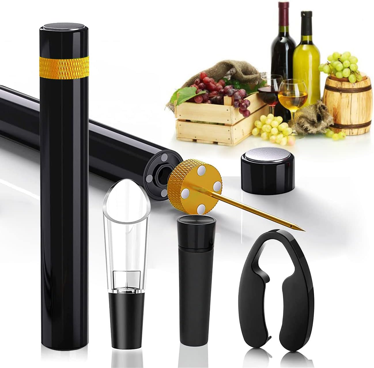 Wine Bottle Opener Set(4PCS),Travel Portable Pocket Air Pressure Pump Cork Remover with Aerator, Foil Cutter, and Vacuum Stopper, 7S Quick Bottle Opening, for Home, Restaurant, Party,Wine Lovers