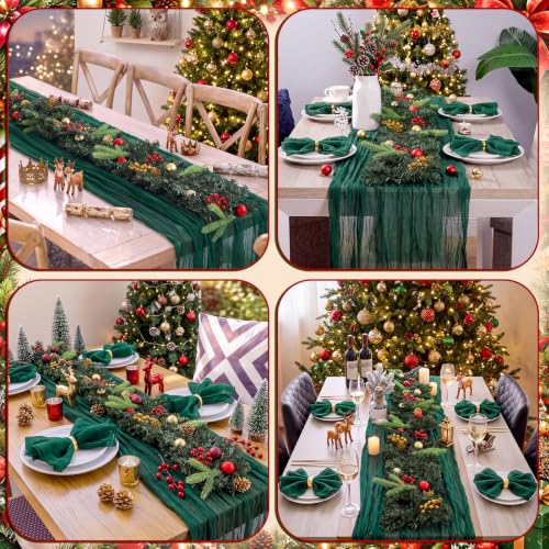Christmas Table Decor Set with Dark Green Runner Napkins Rings & Garland - 14 Pieces