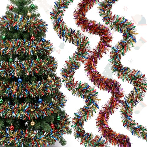 Christmas Tinsel Garland Set - 3 Pack, 59 ft Each, Red Blue Yellow Green - Holiday Decor