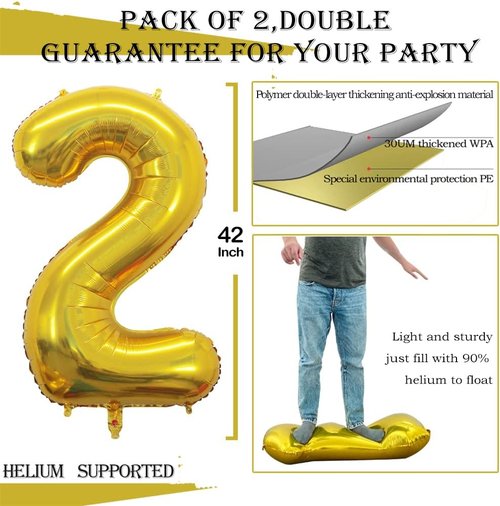 GOER Gold Foil Number 2 Balloons - Huge 42" & 32" Birthday Party Decorations (3 Pcs)