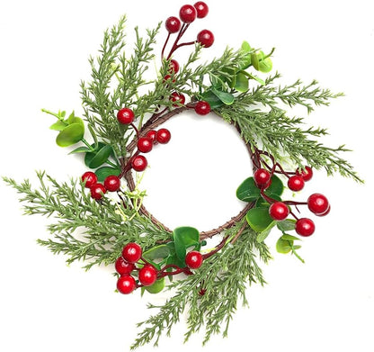 Skiennix Christmas Candle Rings - 4 Inch Artificial Red Berries & Pine Needles Wreaths | Rustic Holiday Decor