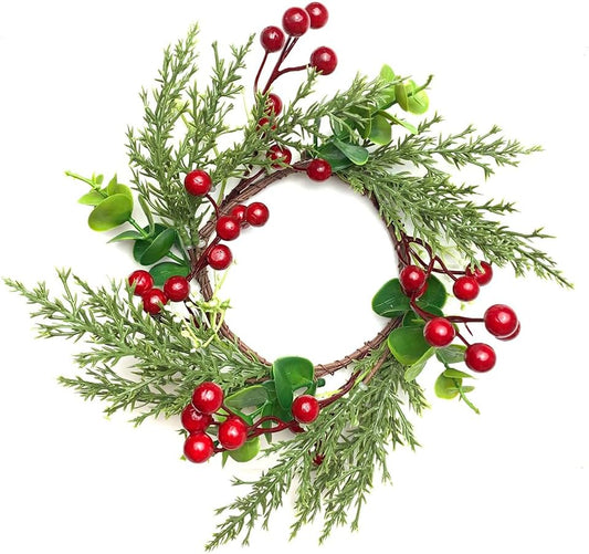 Skiennix Christmas Candle Rings - 4 Inch Artificial Red Berries & Pine Needles Wreaths | Rustic Holiday Decor