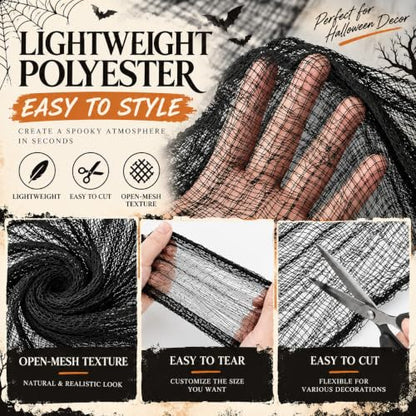 Halloween Creepy Cloth Decor Pack 16 Black Gauze 30x72 Inches - Distressed Fabric
