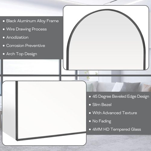 Arched Black Mirror by [Brand Name] - 16" x 20" Metal Frame Vanity Mirror | Shatterproof Tempered Glass for Living Room, Bedroom, Entryway