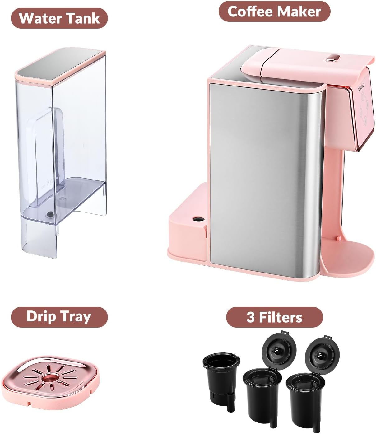 Mecity Coffee Maker - 3-in-1 Single Serve Machine for Ground & Capsule Coffee | 50 Oz Reservoir, Pink