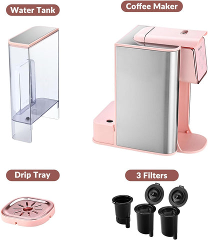 Mecity Coffee Maker - 3-in-1 Single Serve Machine for Ground & Capsule Coffee | 50 Oz Reservoir, Pink