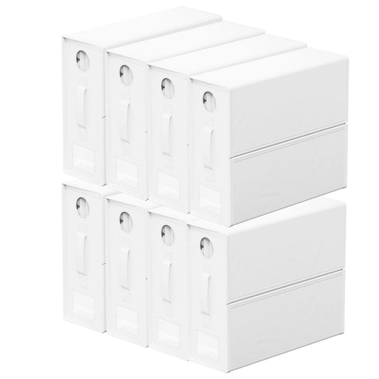 New England Stories 8 Pack Bed Sheet Organizer, Sheet Set Folding Box Container, Linen Closet Organizer for Bedding Sheets, Duvet Cover Set and Pillow cases (White, Circle Window)