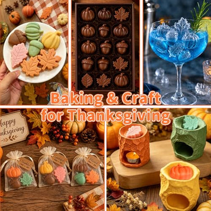 Fall Silicone Molds 3 Pack - Autumn Pumpkin, Leaf & Acorn Design, Orange + Yellow + Green
