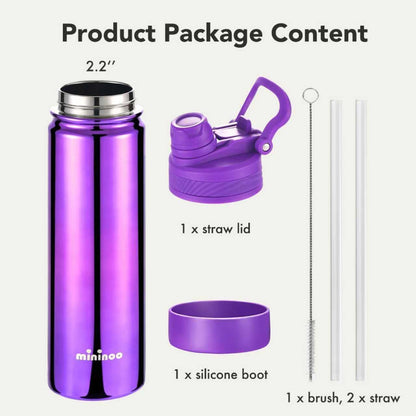 Mininoo 24 oz Insulated Water Bottle - BPA-Free, Leak-Proof Design with 2-in-1 Straw & Spout Lid | Violet Pulse