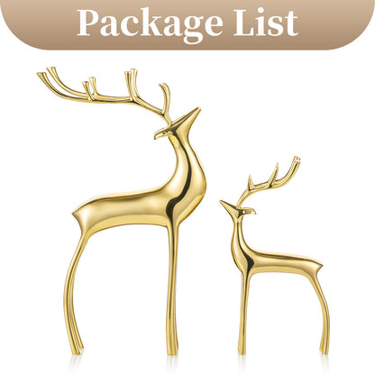 Sziqiqi Reindeer Figurine Statues Deluxe Set of 2, Christmas Deer Pure Copper Heavy Reindeer Ornaments for Home Decor Accents Living Room Office Bookself Tabletop Mantle Christmas Decoration, Gold