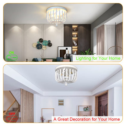 SUNOVO Beaded Chandelier Light Fixture, Boho Light Fixtures Ceiling White, Wood Bead Flush Mount Ceiling Light, 3-Lights Bead Ceiling Lights for Bedroom, Dining Room, Hallway, Nursery Lighting