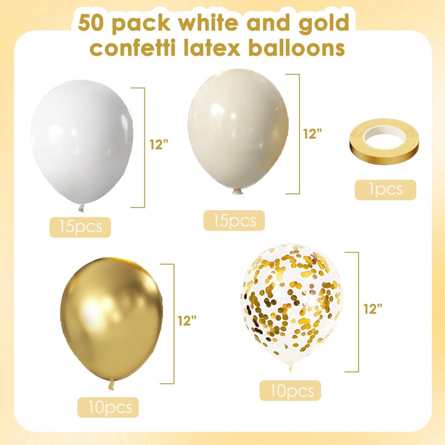 Skiennix White and Gold Confetti Balloons - 50pcs 12-Inch Metallic Latex for Birthday & Wedding Decor