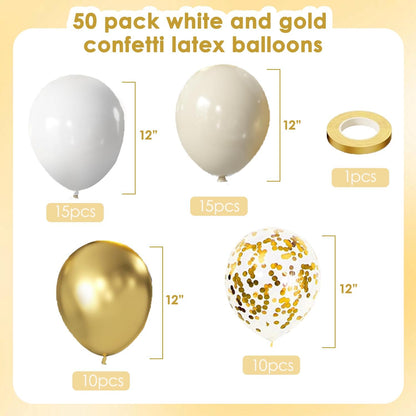 Skiennix White and Gold Confetti Balloons - 50pcs 12-Inch Metallic Latex for Birthday & Wedding Decor