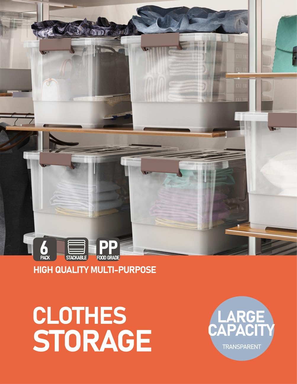 WYT 32 Qt Clear Plastic Storage Bins - Durable Lids & Latching Buckle | 6-Pack Stackable Tote Boxes