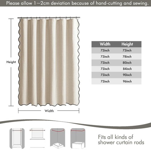 MIULEE Beige Scalloped Shower Curtain Linen Textured with 12 Metal Hooks Cute Heavy Duty Washable Waterproof Neutral Thick Cloth Shower Curtains with Black Border for Bathroom Bathtub,W72*L72 Cream
