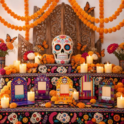 Dia De Los Muertos Decorations Set with Marigold Garland Candles & Frames