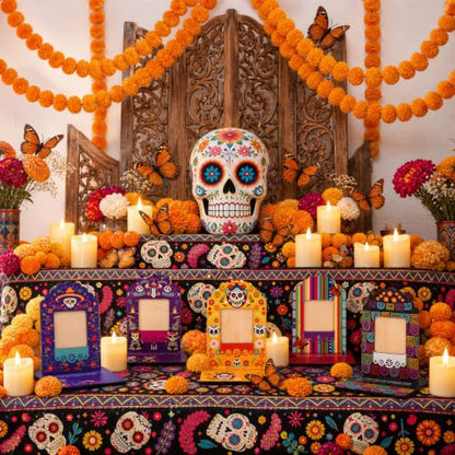 Dia De Los Muertos Decorations Set with Marigold Garland Candles & Frames