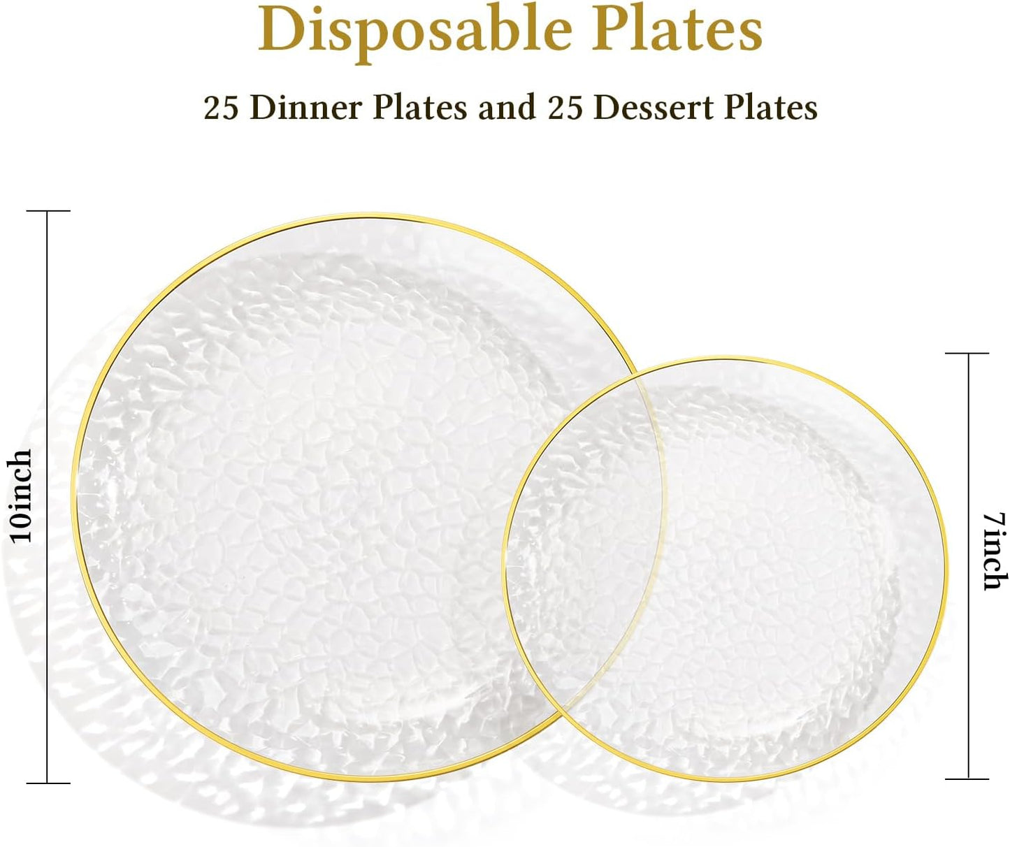 Regine Switzerland Crystal Clear Plastic Plates - Elegant Gold Rim Disposable Dinnerware Set | 50 Pcs (25 Dinner & 25 Salad Plates) for Parties & Weddings