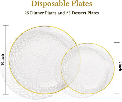 Regine Switzerland Crystal Clear Plastic Plates - Elegant Gold Rim Disposable Dinnerware Set | 50 Pcs (25 Dinner & 25 Salad Plates) for Parties & Weddings