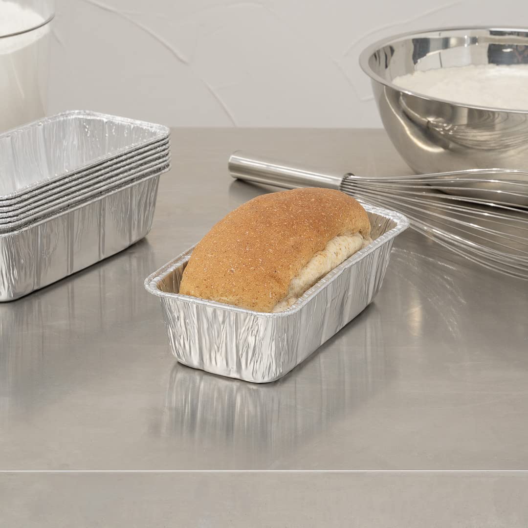 Restaurantware Pastry Tek 8.5 x 4.3 Inch Bread Pans 25 Oven-Ready Foil Pans - 2 LB Freezable Silver Aluminum Disposable Baking Pans Stackable For Meatloafs Banana Breads Or Pound Cakes