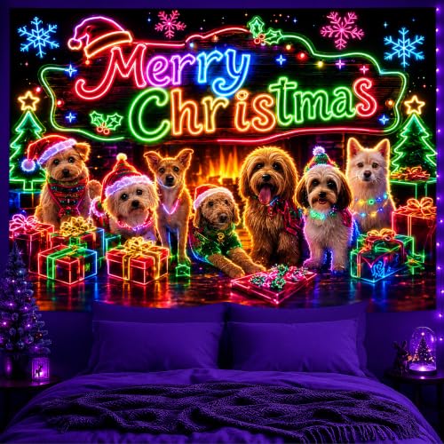 Neon UV Reactive Christmas Puppy Tapestry Wall Hanging - Holiday Decor for Bedroom & Pet Shop