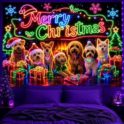 Neon UV Reactive Christmas Puppy Tapestry Wall Hanging - Holiday Decor for Bedroom & Pet Shop