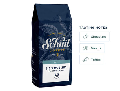 Big Wave Blend, Schuil Whole Bean Coffee, Fair Trade, Premium Light Roasted Gourmet Whole Coffee Beans (12 Ounce Bag) Formerly Known as Kona Style Blend - Small Batch Coffee Beans, Smooth and Full Bodied, Light Roast, Specialty Coffee