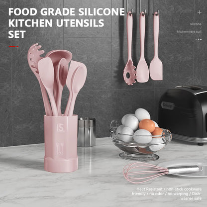 Silicone Cooking Utensils Set - 446°F Heat Resistant Kitchen Utensils,Turner Tongs,Spatula,Spoon,Brush,Whisk,Kitchen Utensil Gadgets Tools Set for Nonstick Cookware,Dishwasher Safe BPA Free(Pink)