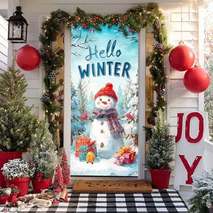 Christmas Snowman Door Cover 35x71 Inch Seasonal Wall Banner