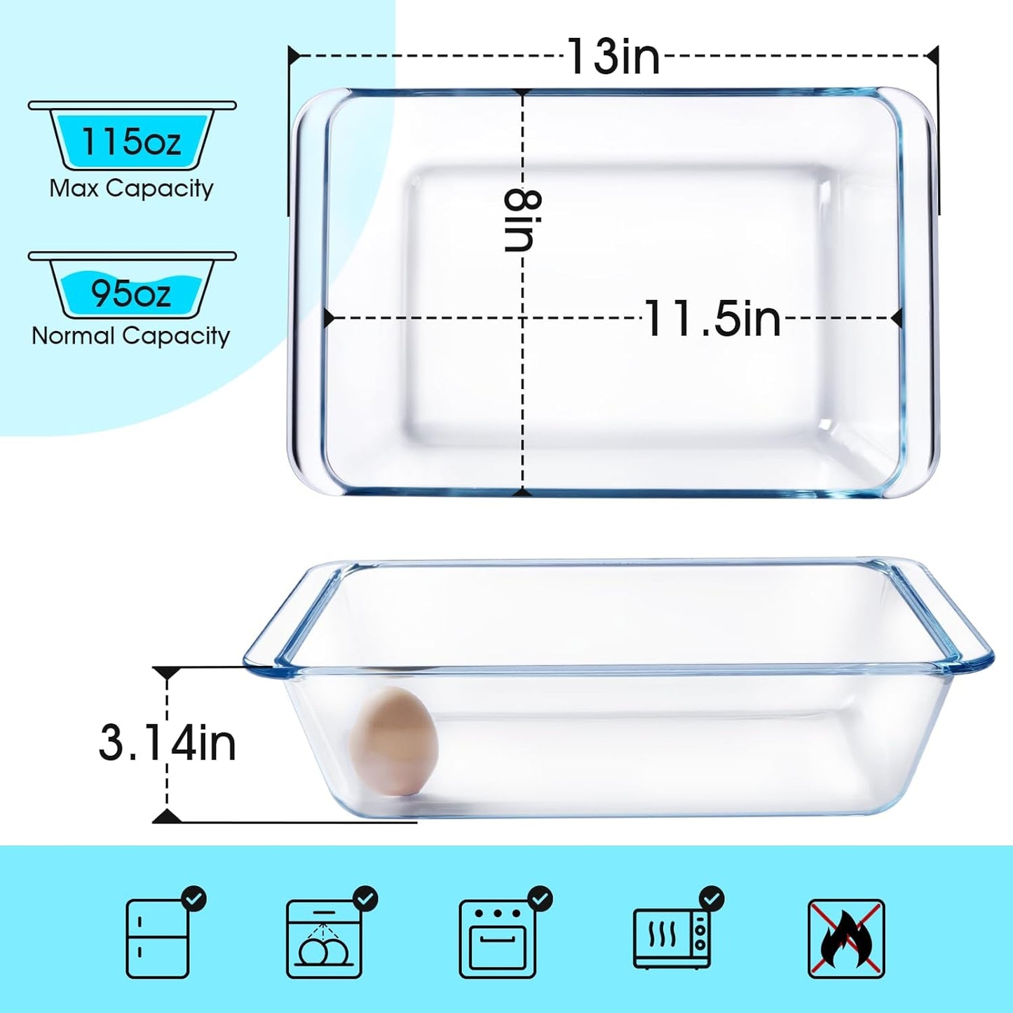 NUTRIUPS 3.7QT Rectangular Glass Baking Dish - Durable Oven Bakeware for Casseroles & More