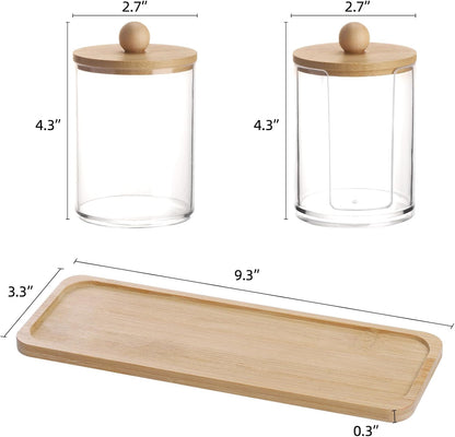 Tbestmax Qtip Holder - 10 Oz Clear Apothecary Jar with Bamboo Lid | 3 Pack Cotton Swab Dispenser