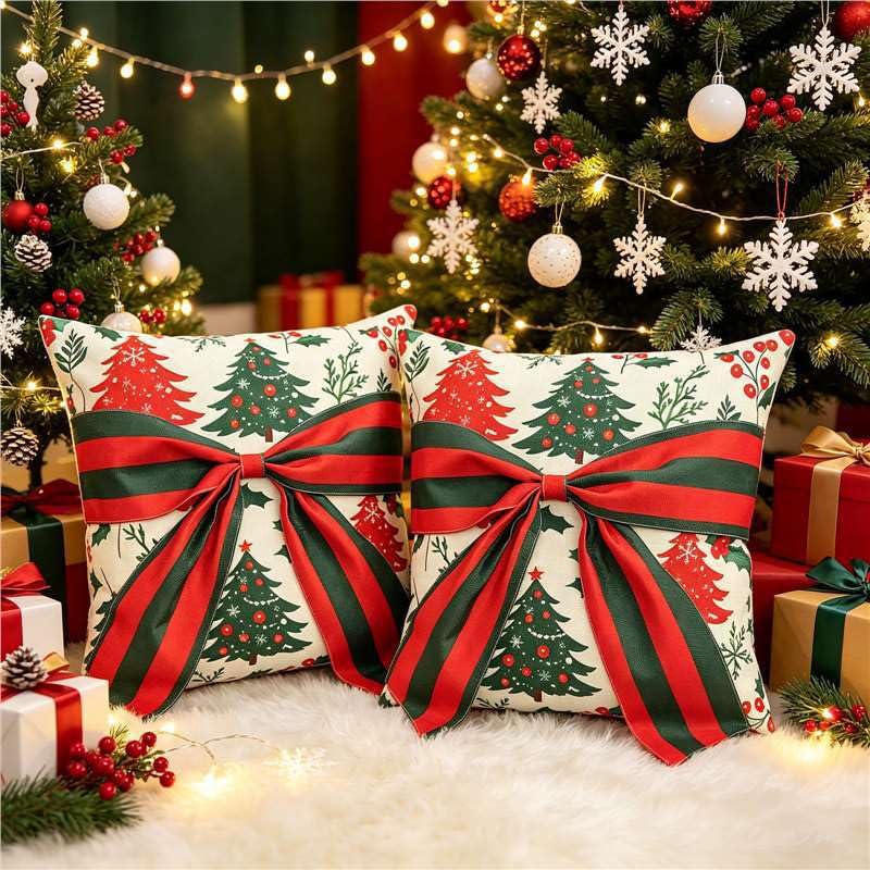 Christmas Pillow Covers 18x18 Inches Set of 2 - Red Pine Cones & Green Plant Prints