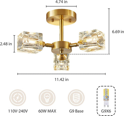 Yunnix Semi Flush Mount Ceiling Light 3 Lights Crystal Chandeliers Gold Ceiling Light Modern Ceiling Light for Bedroom Kitchen Hallway Bathroom Entryway Dining Room Living Room