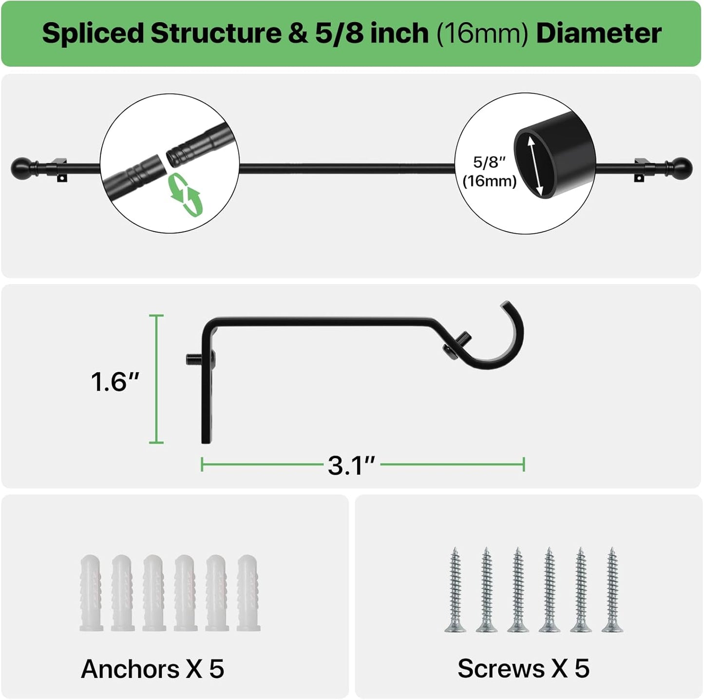 Skiennix Black Curtain Rod Set - Adjustable 28 to 48 Inch Metal Drapery Rod with Brackets | Matte Finish