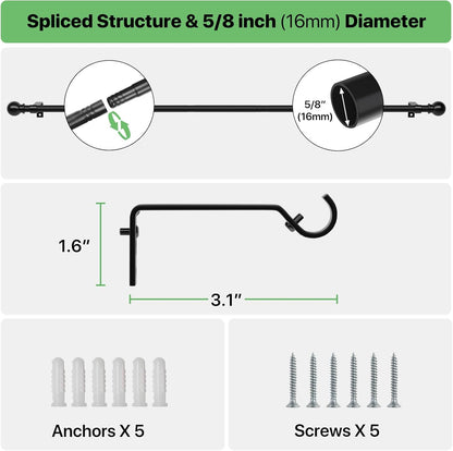 Skiennix Black Curtain Rod Set - Adjustable 28 to 48 Inch Metal Drapery Rod with Brackets | Matte Finish