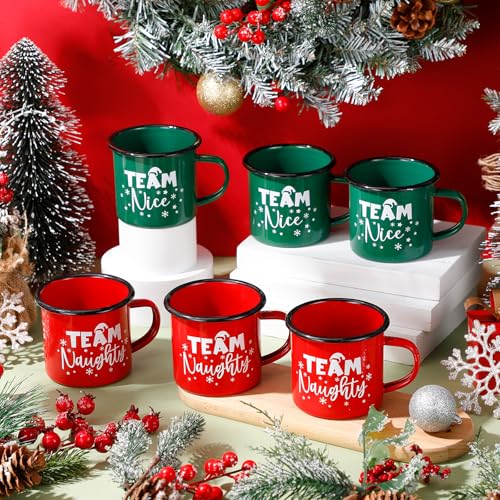 Christmas Enamel Mug Set of 6 with Red and Green Holiday Coffee Cups - 12oz