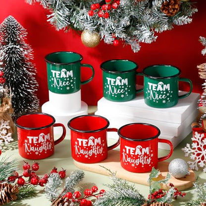 Christmas Enamel Mug Set of 6 with Red and Green Holiday Coffee Cups - 12oz