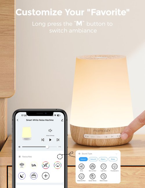 Baby Sound Machine, Momcozy White Noise Machine for Baby Sleeping with Night Light, Toddler Sleep Trainer with 34 Soothing Sounds, Timer, App Remote Control, Personal Sleep Routine(Wood Grain)