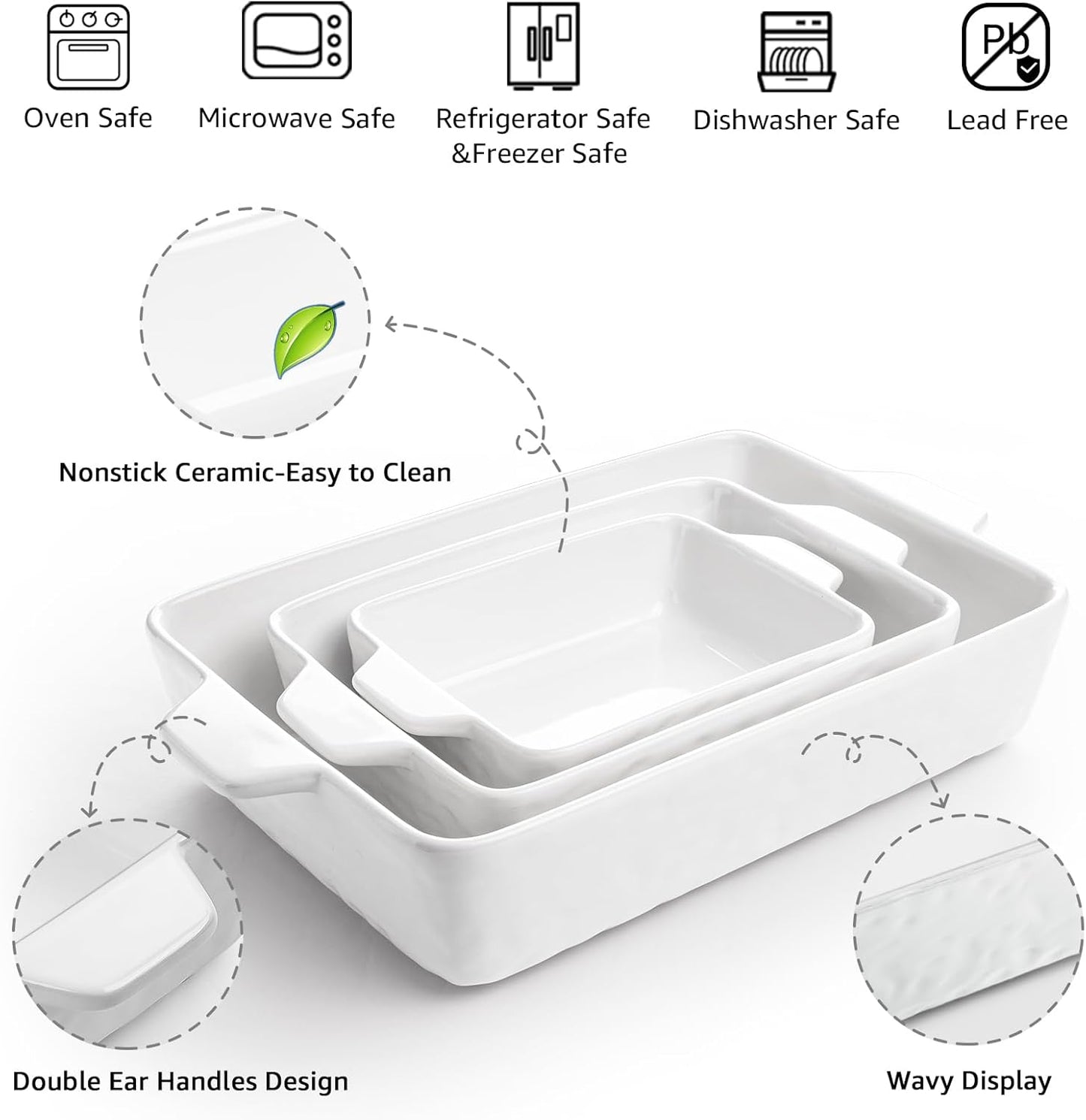 Regine Switzerland Casserole Dishes - Ceramic Baking Pan Set of 3 with Handles | Deep Porcelain Bakeware (11.6" x 7.8", White)